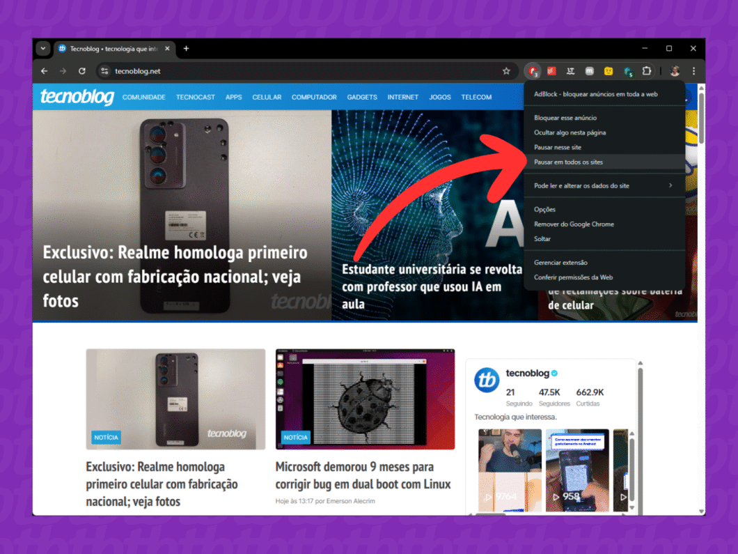 Ativando a opção "Pausar em todos os sites"