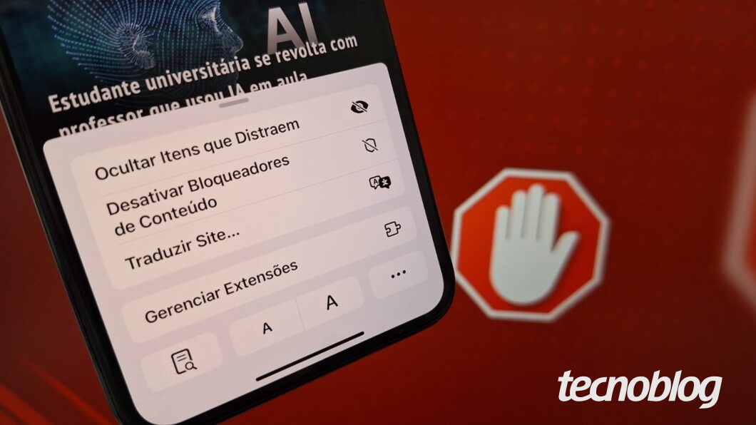 Celular mostra a tela de Desativar Bloqueadores de Conteúdo
