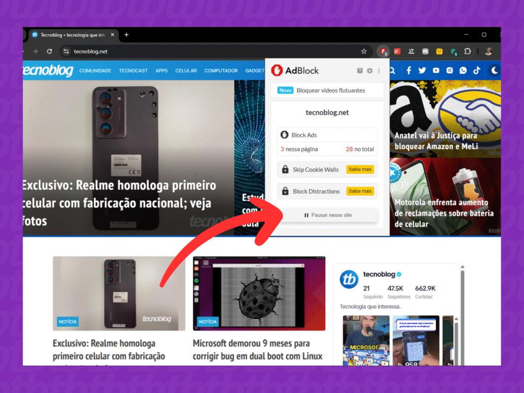 Pausando temporariamente o Adblock no navegador
