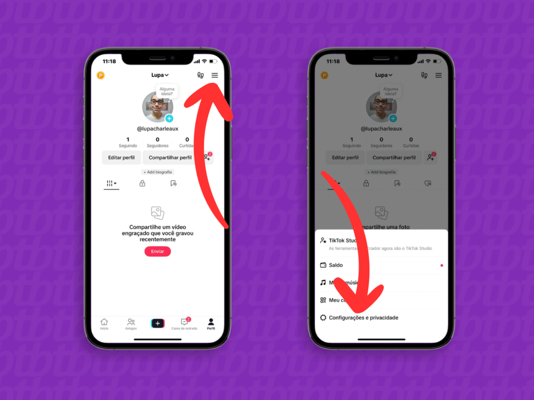 Abrindo o menu e acessando a opção "Configurações e privacidade"