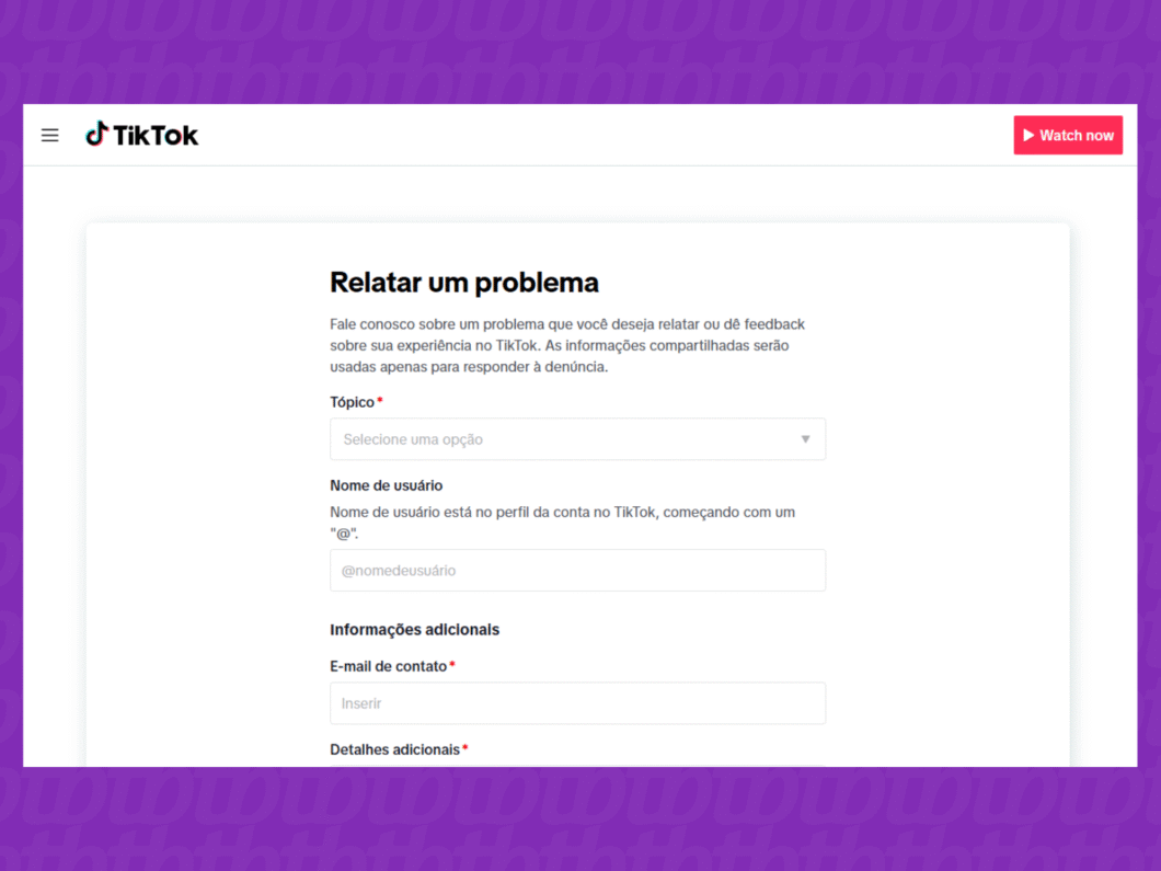 Tela inicial da página de suporte do TikTok