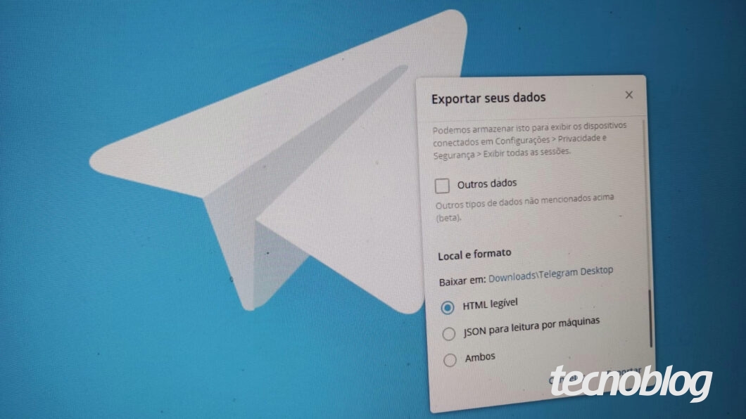 Ilustração da exportação de dados do Telegram