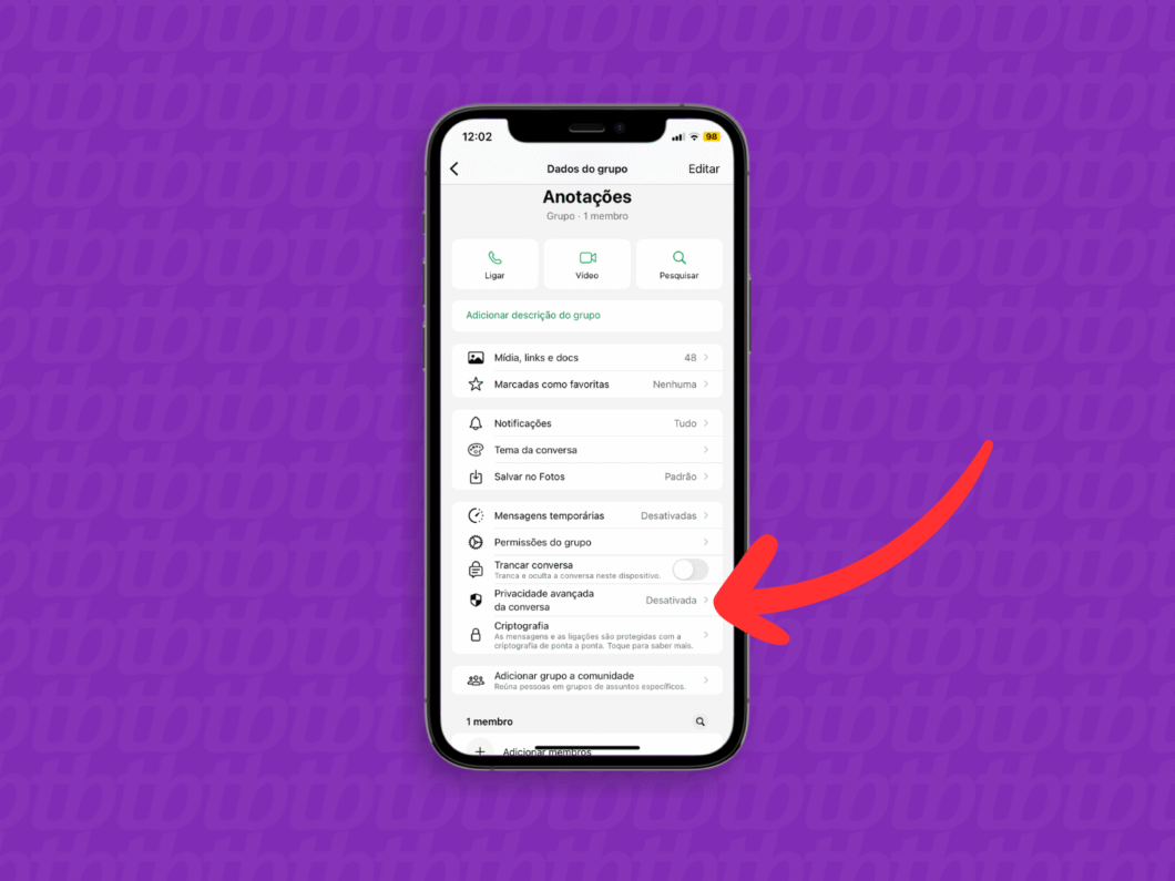 Selecionando a opção "Privacidade avançada da conversa"