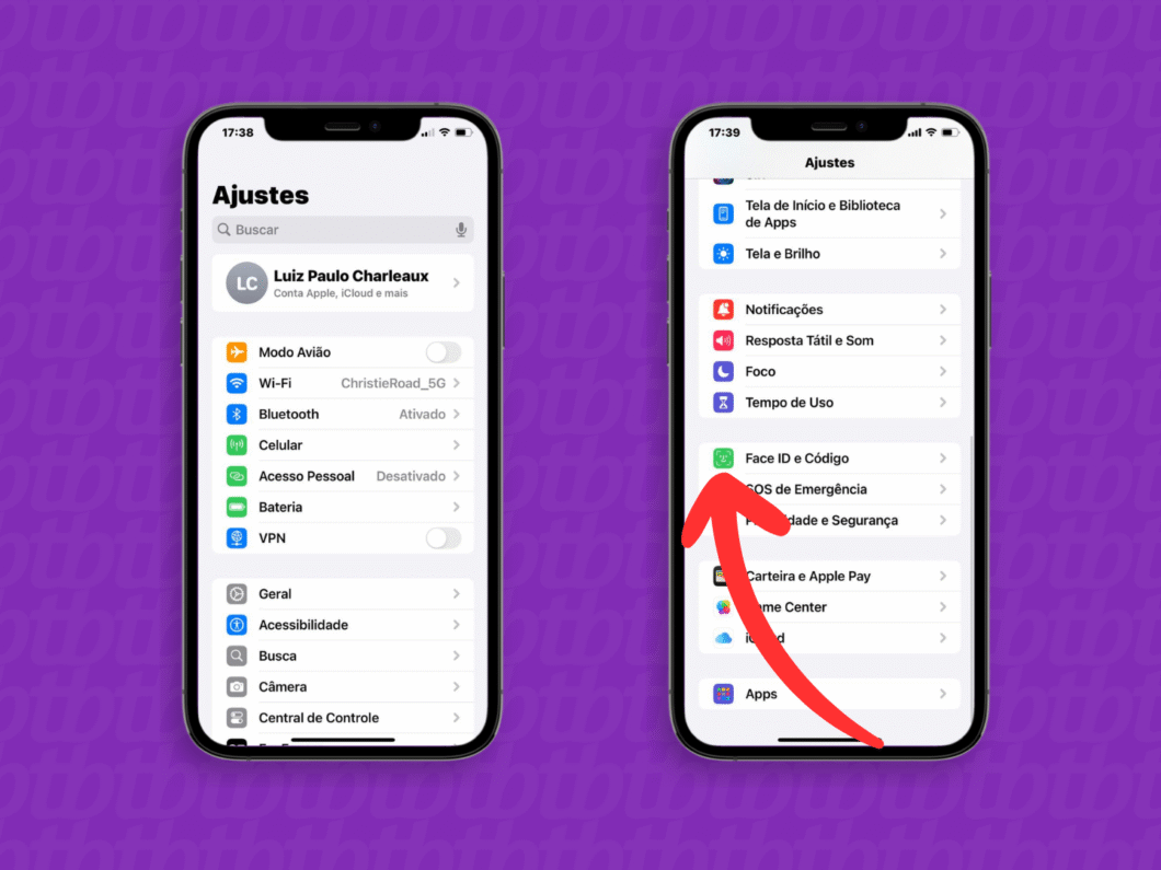 Acessando o menu "Face ID e Código"