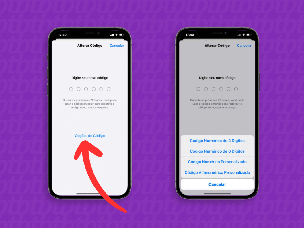 Selecionando uma nova opção de código para o iPhone
