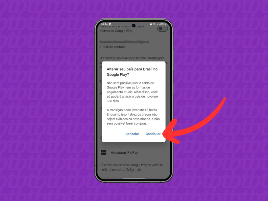 Confirmando que deseja alterar o país na Play Store