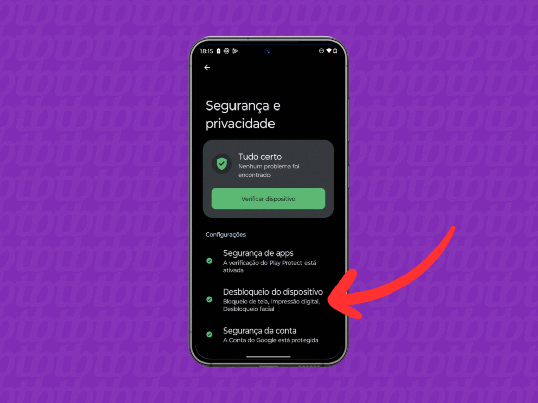 Abrindo o menu "Desbloqueio do dispositivo"