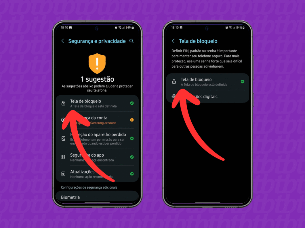 Selecionando a opção "Tela de bloqueio"