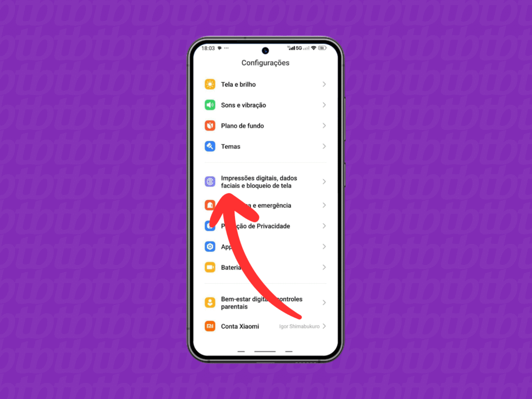 Abrindo o menu "Impressões digitais, dados faciais e bloqueio de tela"