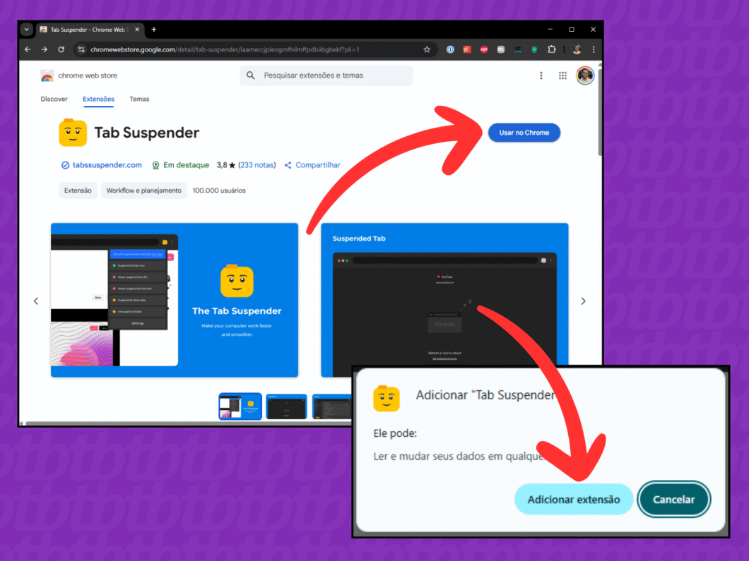 Baixando e instalando a extensão "Tab Suspender" no Google Chrome