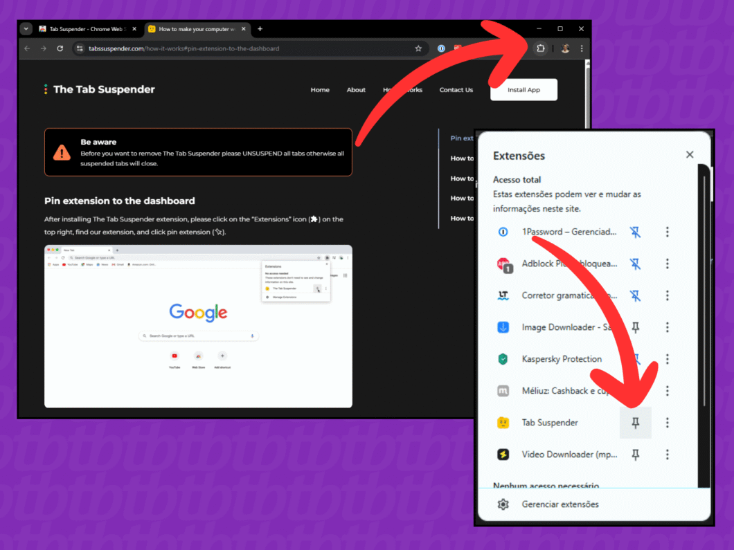 Fixando o Tab Suspender na área de Extensões do Chrome