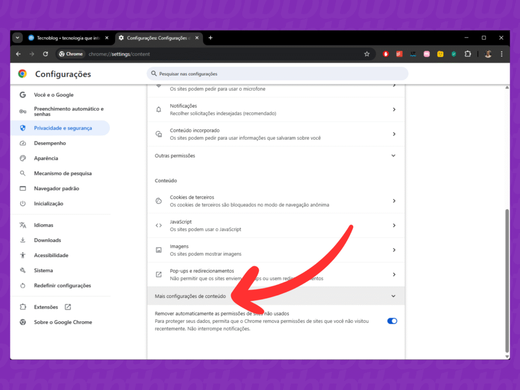 Acessando "Mais configurações de conteúdo"