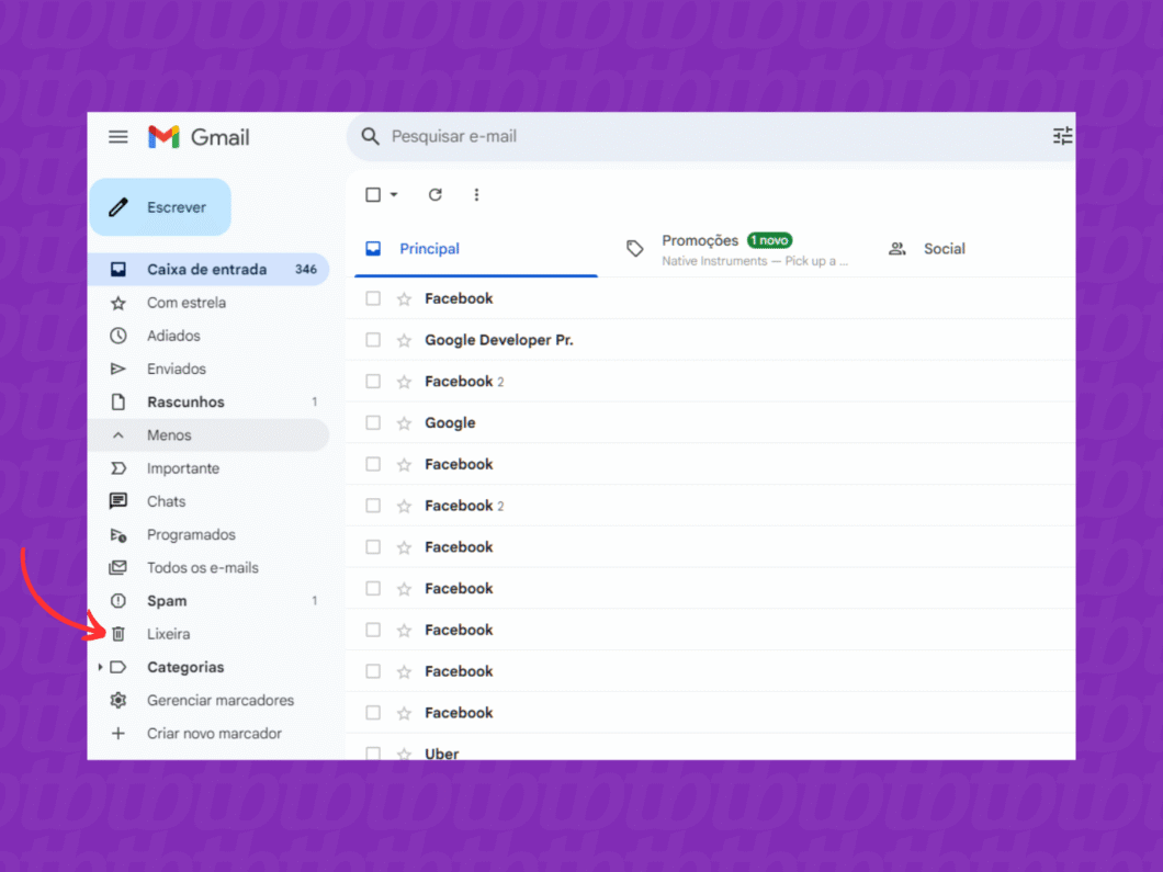 Entrando na lixeira do Gmail pelo PC