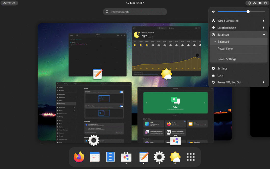 Ambiente multitarefa do Fedora mostrando vários aplicativos abertos e painel lateral do sistema