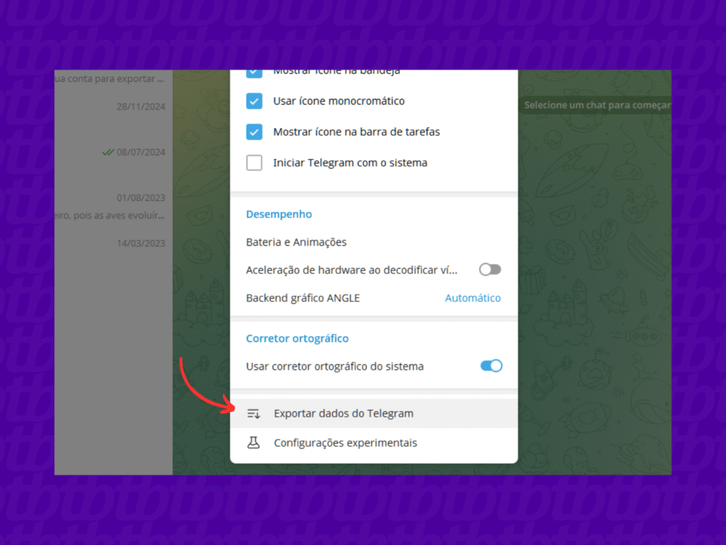 Iniciando a exportação de dados do Telegram