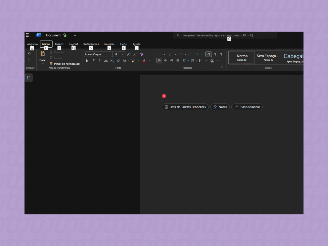 Interface da versão online do Microsoft Word