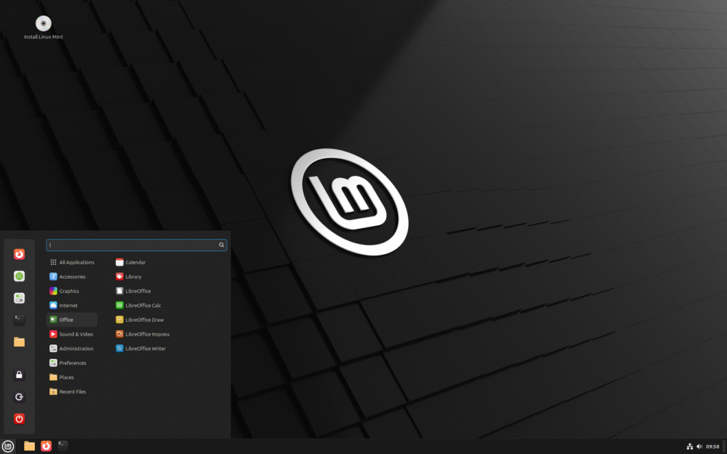 Desktop do Linux Mint com menu iniciar aberto e ícones de aplicativos ao estilo tradicional
