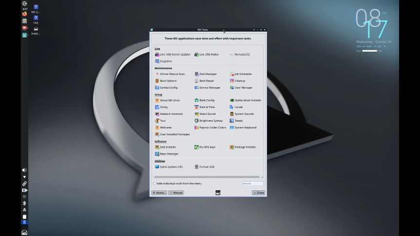 Tela do MX Linux com painel de ferramentas de sistema MX Tools e ambiente gráfico leve