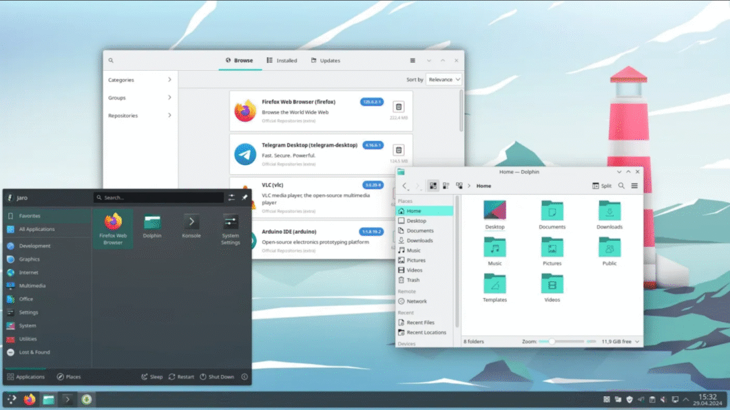 Área de trabalho do Manjaro Linux com loja de aplicativos e navegador de arquivos Dolphin