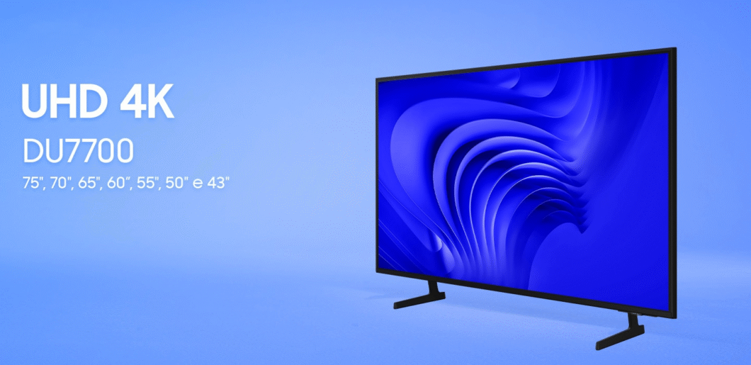 TV Samsung DU7700 com fundo azul atrás
