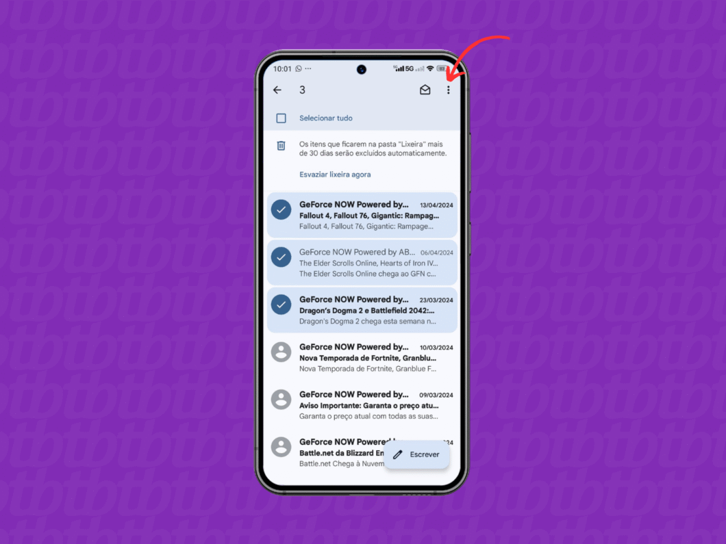 Selecionando os e-mails do Gmail a serem recuperados
