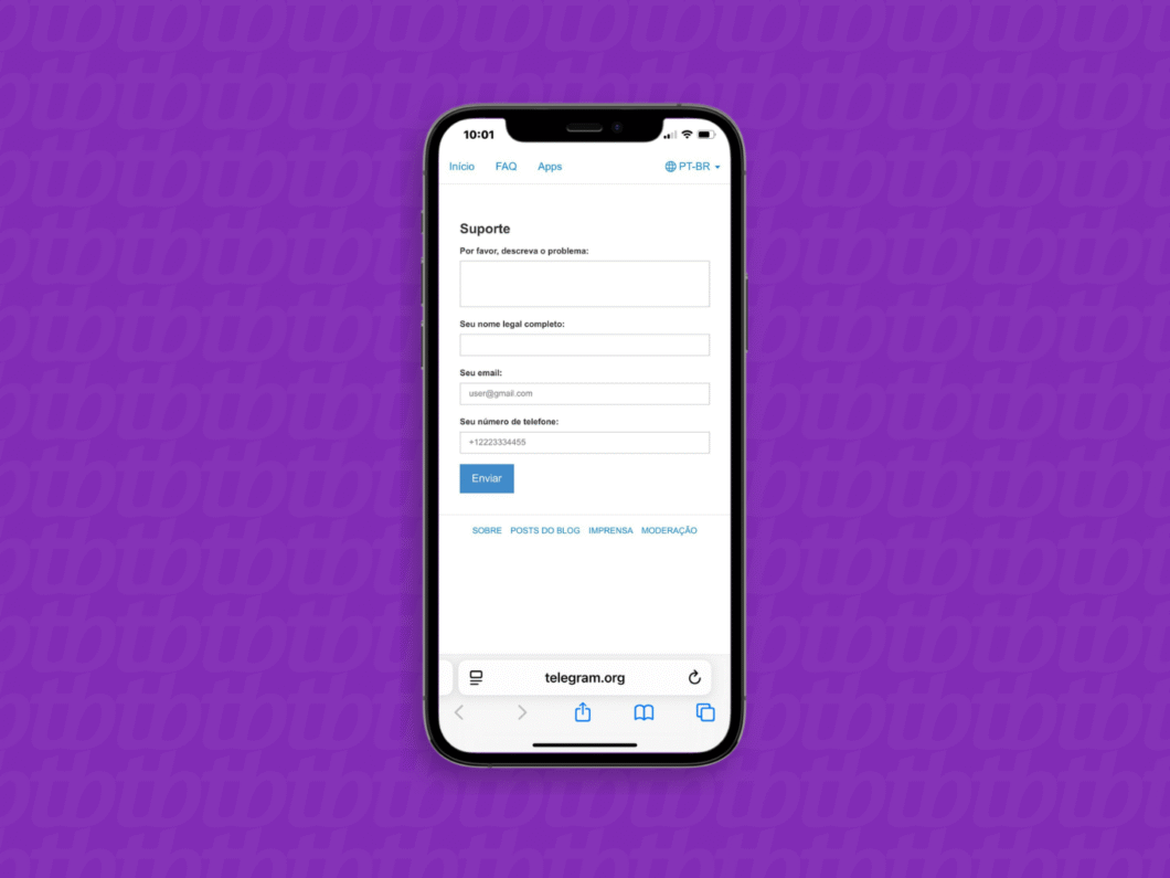 Página inicial de suporte do Telegram