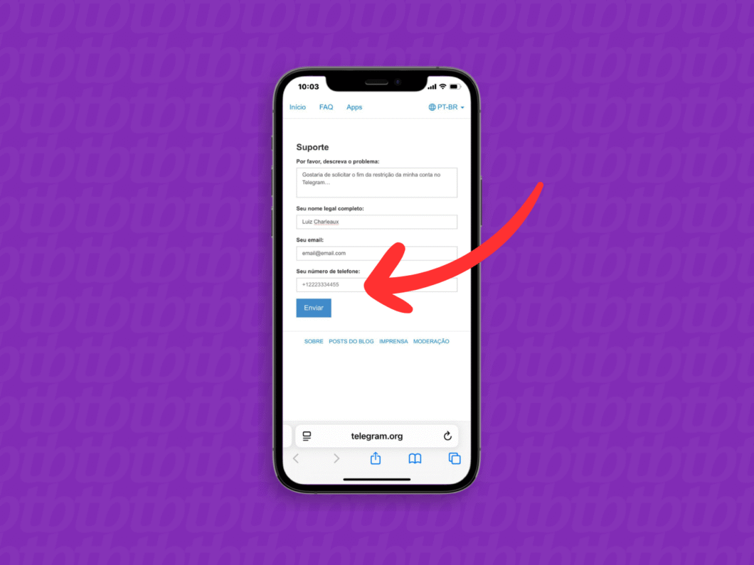 Informando o número banido no Telegram