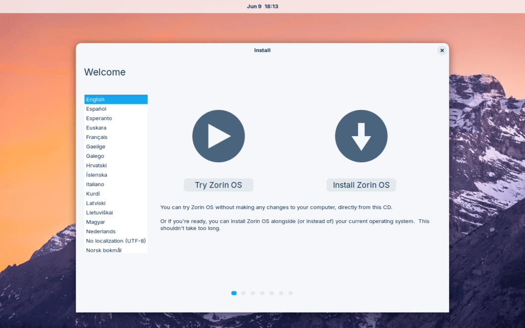 Tela do instalador do Zorin OS com botões para testar ou instalar e seleção de idioma à esquerda