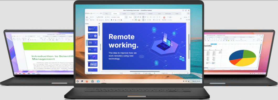 Três notebooks exibindo editores de texto, apresentações e planilhas em interfaces modernas de distribuições Linux