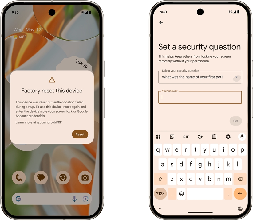 Dois celulares Android, um mostrando um aviso contra restauração indevida, outro mostrando uma pergunta de segurança no bloqueio remoto