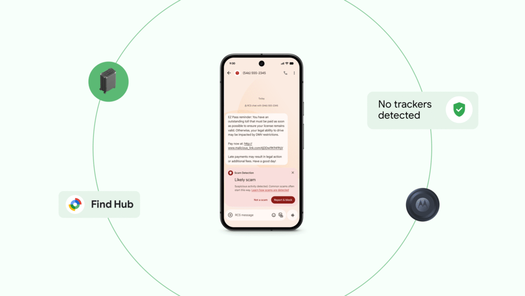 Ilustração que mostra proteções contra golpes e localização de pessoas no Android