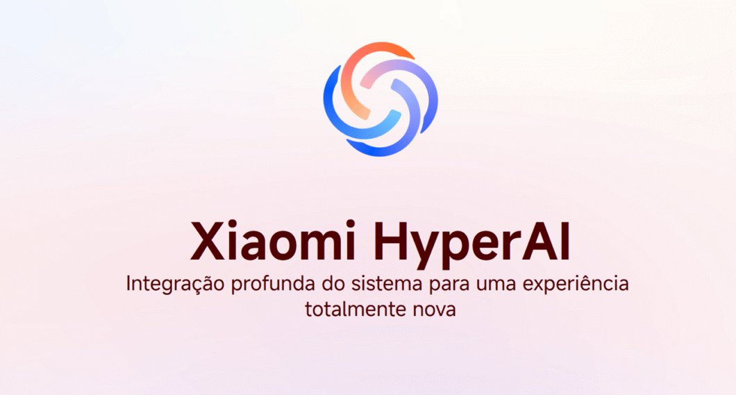 Logotipo do Xiaomi HyperAI sobre fundo claro, com frase “Integração profunda do sistema para uma experiência totalmente nova”.