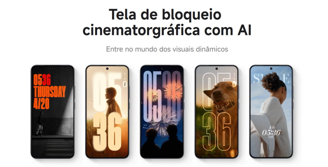 Cinco smartphones exibindo diferentes layouts de tela de bloqueio com fotos, números grandes e widgets animados.