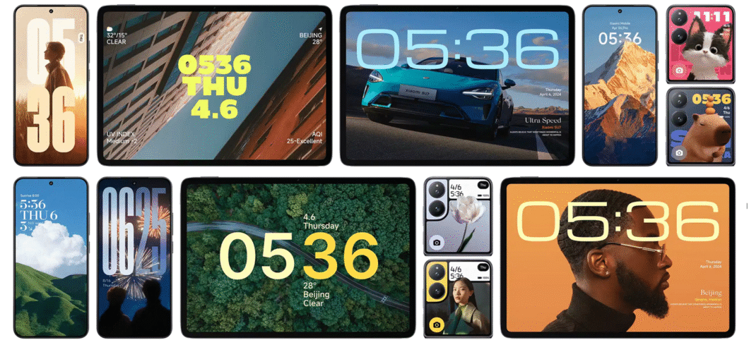 Colagem de tablets e smartphones exibindo telas personalizadas do HyperOS com hora, data e papéis de parede variados.