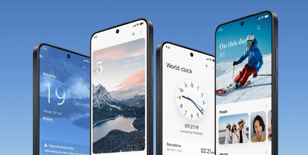 Quatro celulares lado a lado mostrando apps de clima, calendário, relógio mundial e galeria sobre fundo azul.