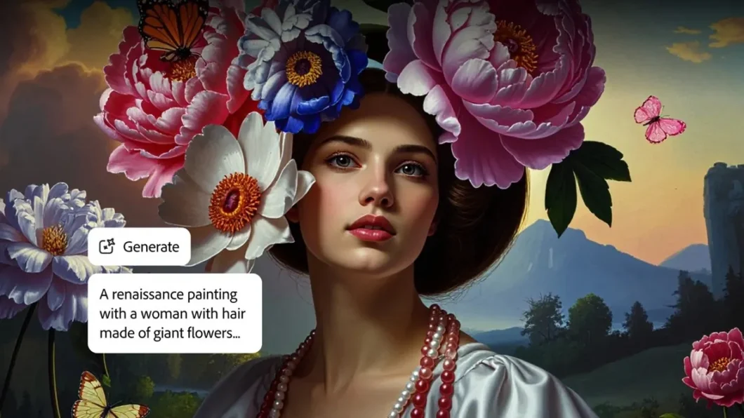 Mulher gerada por inteligência artificial. Um prompt "A renaissance painting with a woman with hair made of giant flowers." está escrito sobre a imagem. 