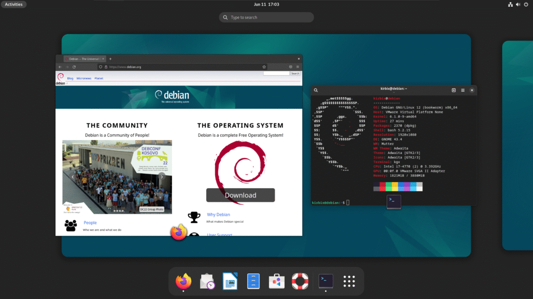 Captura de tela do Debian 12 Bookworm com GNOME, exibindo o site oficial do Debian aberto no Firefox e o terminal com neofetch mostrando detalhes do sistema.