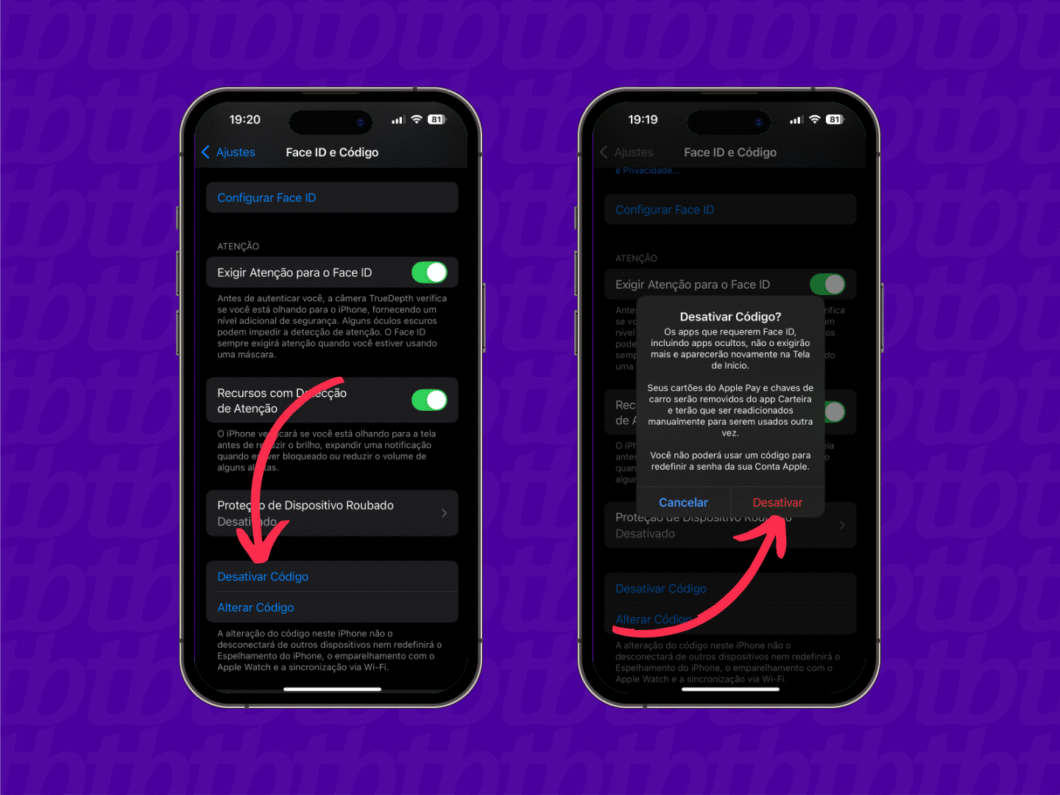 Configurações do iOS com botão “Desativar Código” e mensagem de aviso sobre os efeitos da remoção