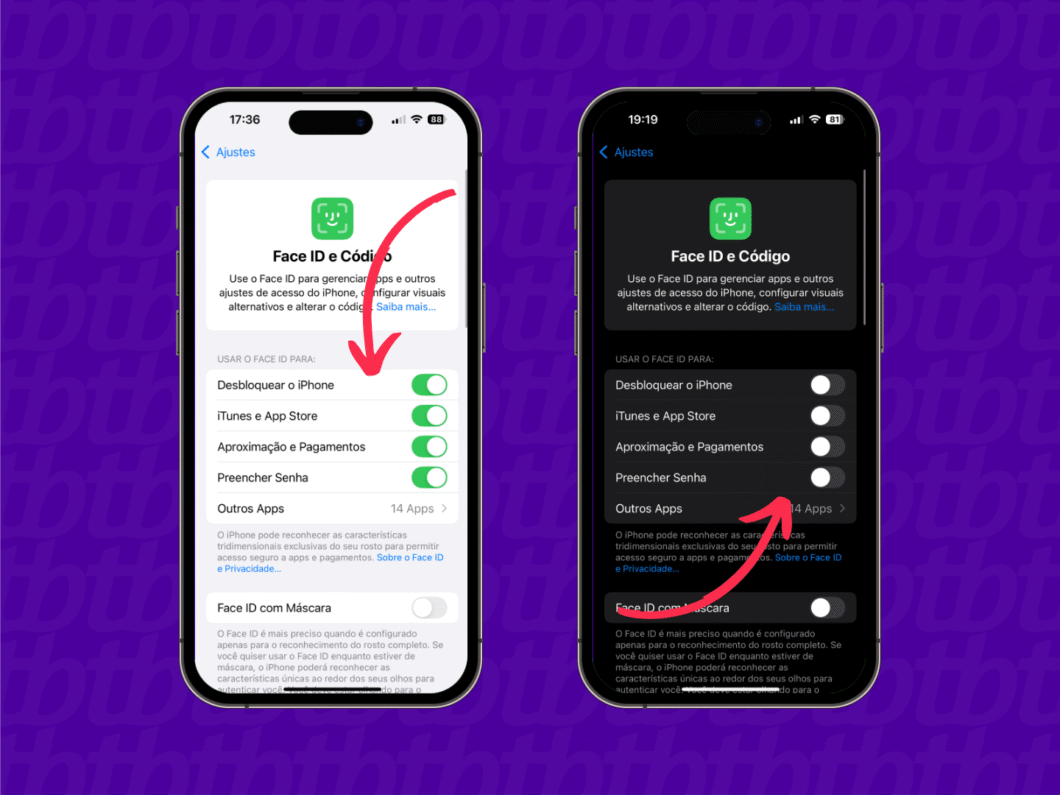 Comparação entre a tela do Face ID com opções ativadas e outra com todas desativadas