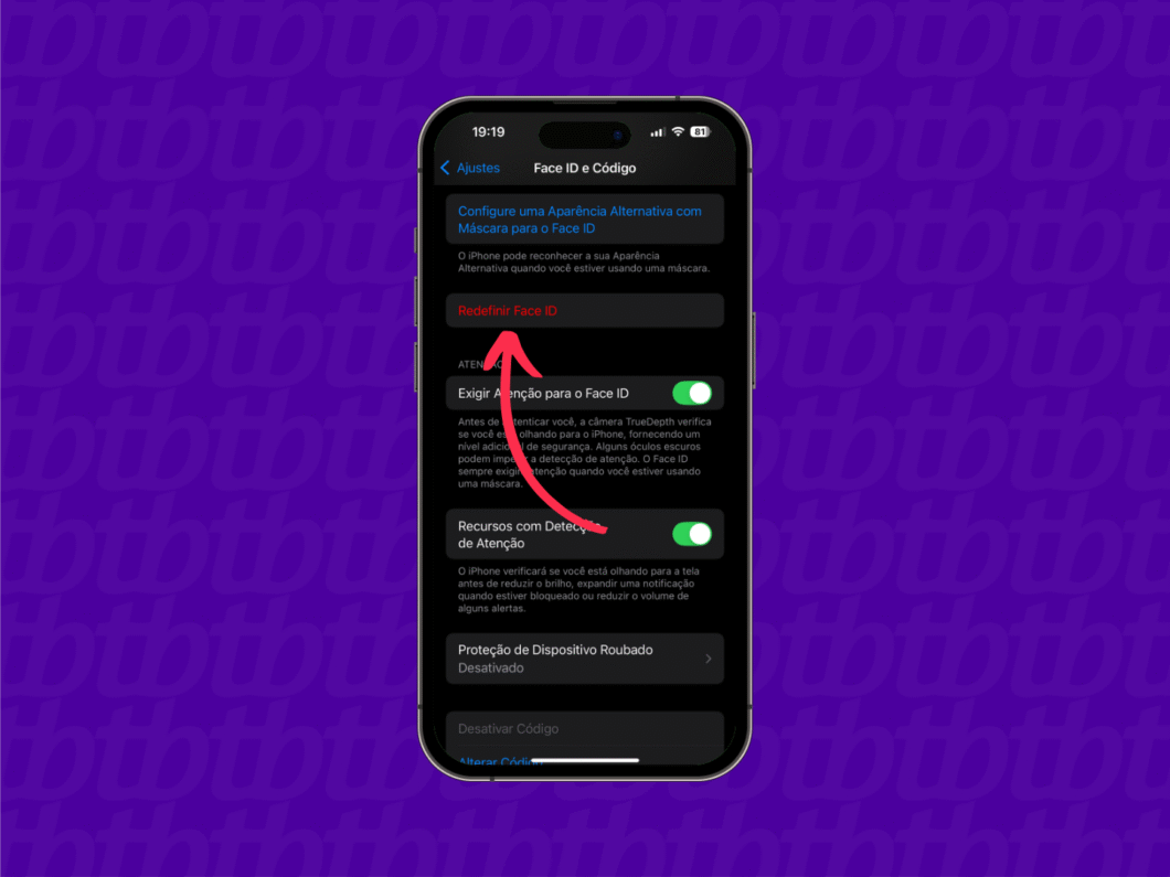 Tela escura dos ajustes do iOS com botão “Redefinir Face ID” destacado em vermelho