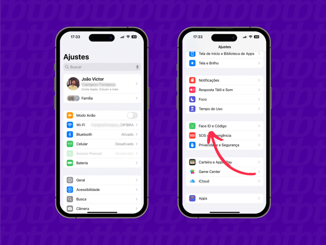 Ajustes do iPhone abertos com destaque para a opção “Face ID e Código” no menu de configurações