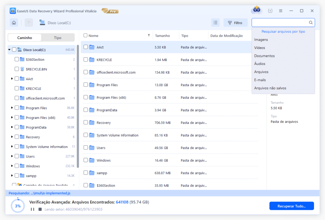 Tela do EaseUS Data Recovery Wizard