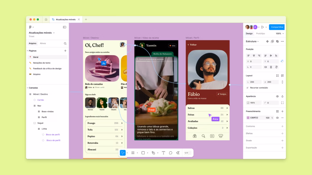Tela do Figma com interface em português, exibindo três protótipos de app móvel. Elementos visuais incluem fotos, botões e textos como “Oi, Chef!”, “Fábio” e “Usando uma tábua grande, remova o talo e as sementes”. A interface também mostra nomes como “Yasmin”, “Fred” e “Alex” apontando para partes do layout.