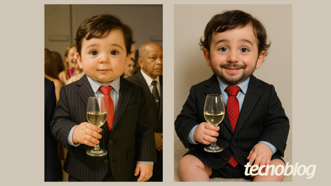 Duas versões de uma foto com "bebê reborn" gerada por IA .