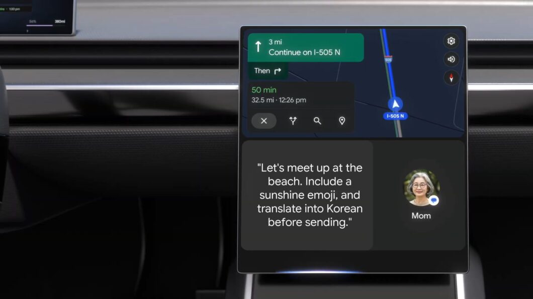 Ilustração de painel de carro exibindo o Android Auto com Gemini