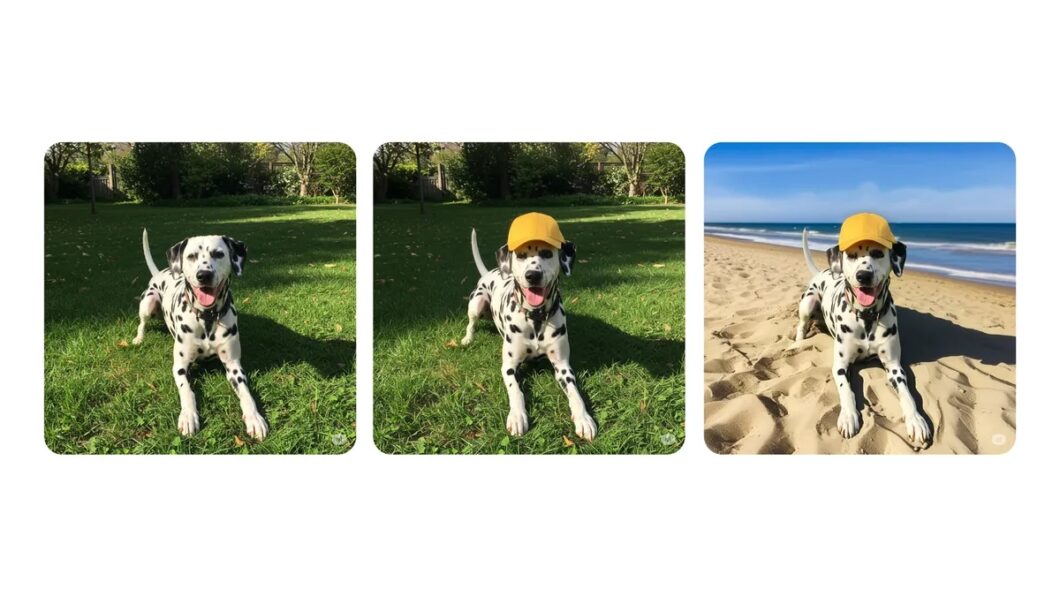 Foto de uma cachorro que foi editada pelo Gemini fazendo o animal ter um boné amarelo e uma praia como fundo
