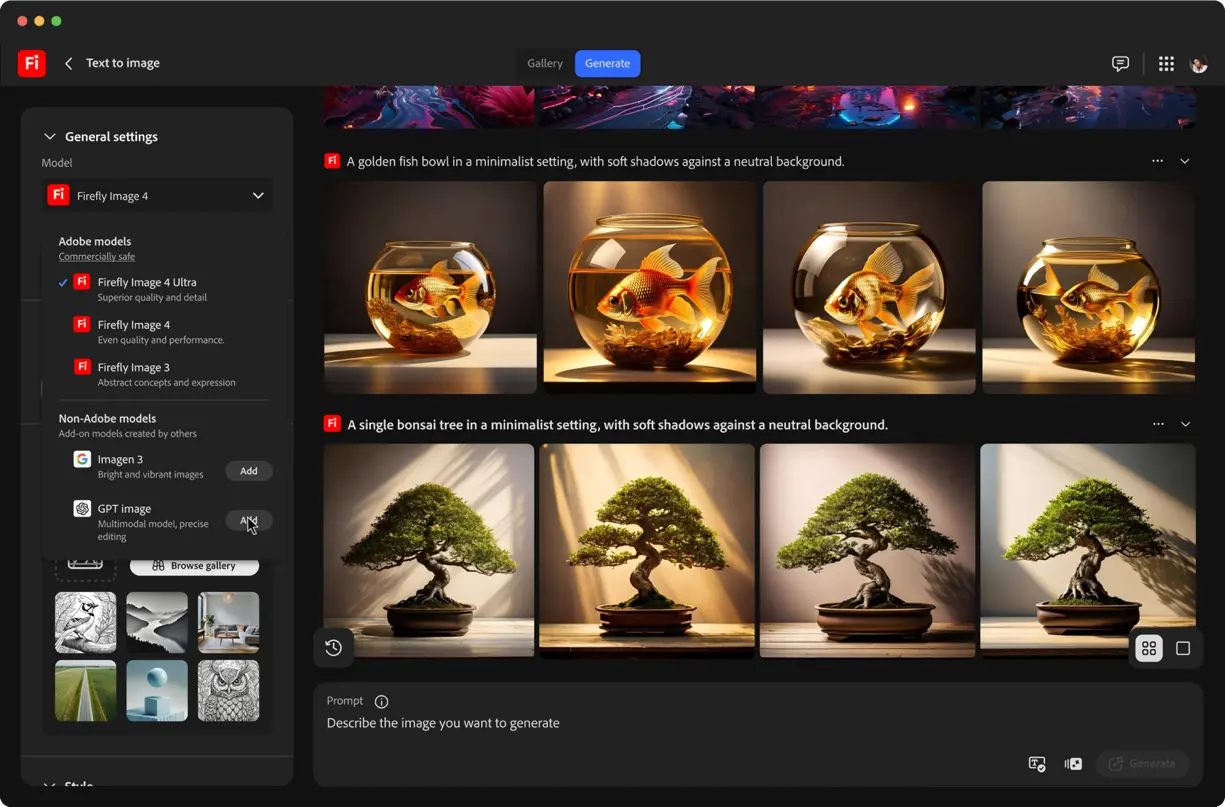 Interface da ferramenta de IA generativa Adobe Firefly, mostrando o recurso 'Texto para Imagem' com opções de modelos como Firefly Image 4, Imagen 3 e GPT Image, e exemplos de imagens geradas de peixes dourados e árvores bonsai a partir de prompts textuais.