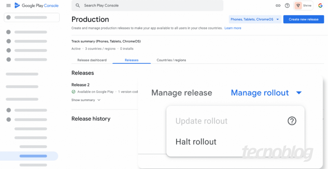 Captura de tela da interface do Google Play Console na aba "Production". Mostra o resumo de lançamentos ativos para "Phones, Tablets, ChromeOS", com opção selecionada para gerenciar lançamentos ("Manage release"). Na tela, há um menu aberto com opções "Update rollout" desativada e "Halt rollout" disponível para interromper a liberação do app. No canto superior direito, há botões para criar um novo lançamento e o usuário "Shrine" está logado