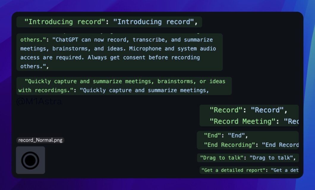 Captura de tela com fundo escuro e elementos gráficos em tons de azul e roxo. Em primeiro plano, há blocos de texto com trechos de código. Em inglês, mencionam funcionalidades como "Introducing record", "ChatGPT can now record, transcribe, and summarize meetings, brainstorms, and ideas", e comandos como "Record", "End Recording", "Drag to talk".