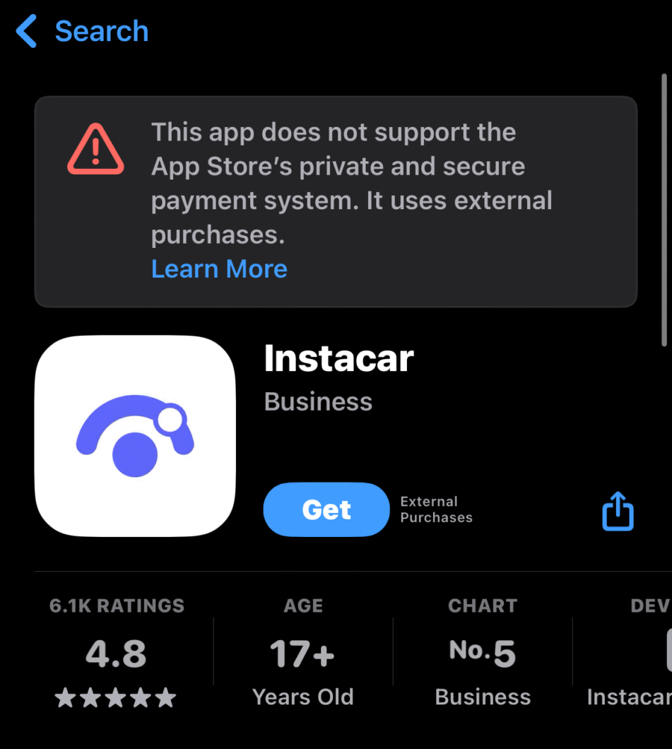 Tela da App Store mostrando o aplicativo Instacar, categoria Business. Aviso em destaque informa que o app não suporta o sistema de pagamento privado e seguro da App Store, usando compras externas. Avaliação média é 4.8 com 6.1 mil avaliações. Indicado para maiores de 17 anos. O app está em 5º lugar no ranking da categoria Business. Botão azul com a palavra "Get" para baixar (imagem: reprodução/The Verge)